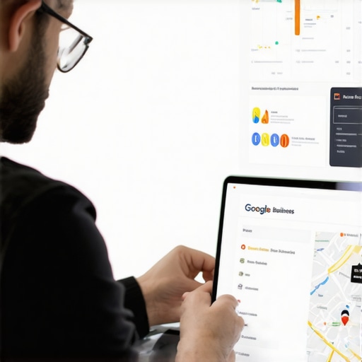 Business owner working on Google My Business profile with maps and analytics charts