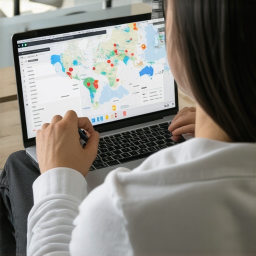Person reviewing local SEO analytics on a laptop with maps and charts.