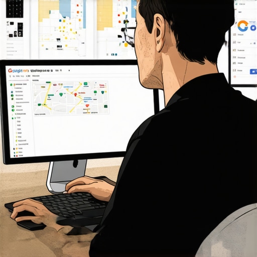 Google Maps Optimization Strategy Business owner optimizing Google My Business profile with maps and analytics