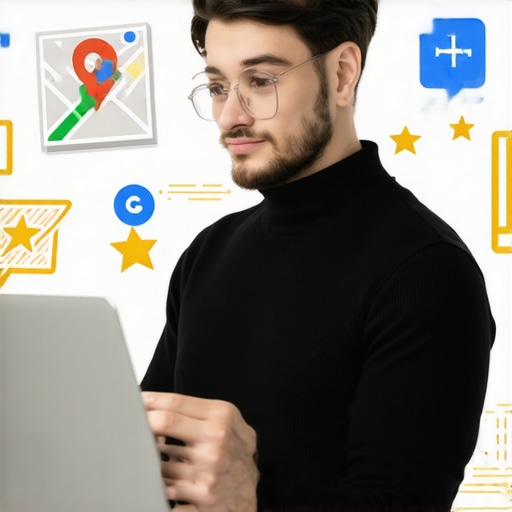 Business owner optimizing Google My Business profile on laptop, with maps and review icons around.