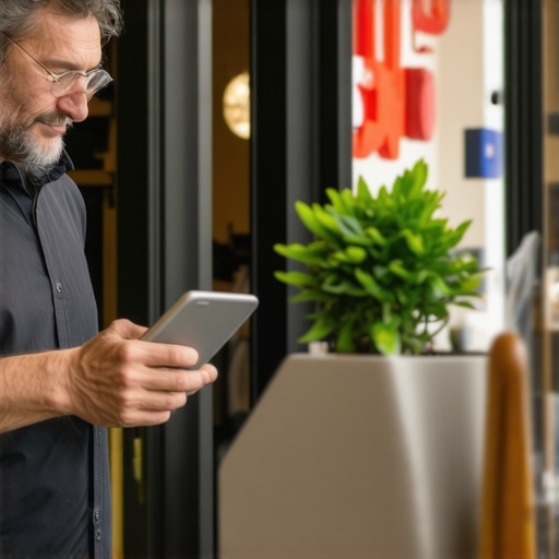 Business owner optimizing Google My Business profile on laptop with smartphone, local storefront in background