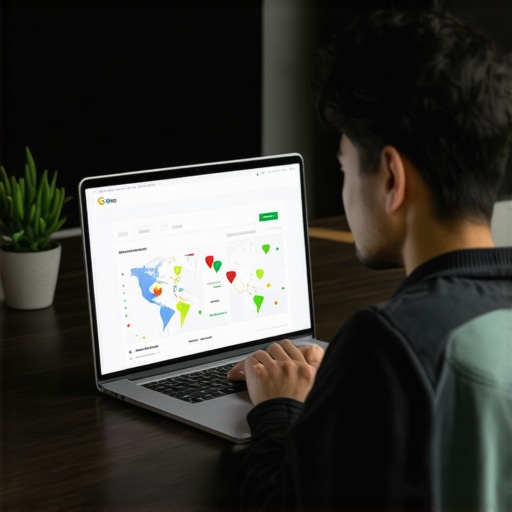 Business owner working on Google My Business profile on laptop, with maps and analytics on screen.