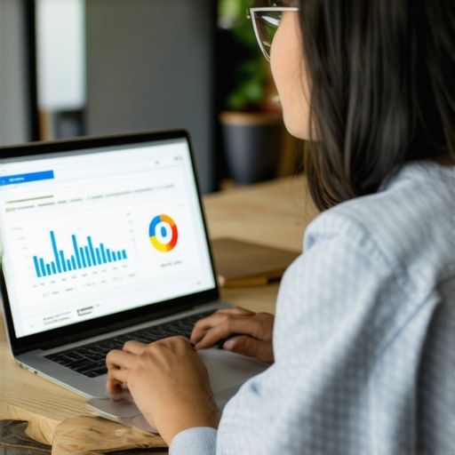 Business owner optimizing Google My Business profile on a laptop with ranking charts