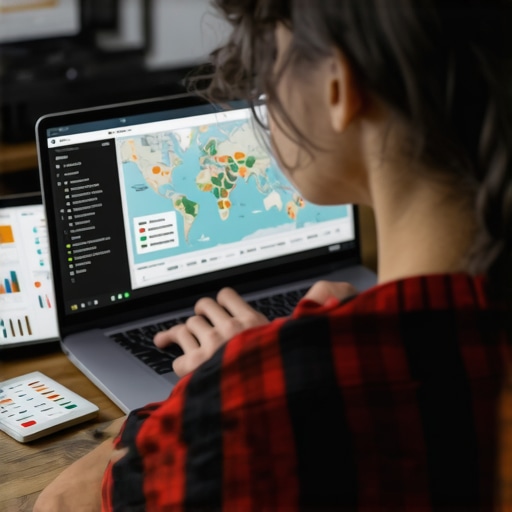 SEO Tools for Map Pack Maintenance Person analyzing local SEO metrics on a laptop with maps and graphs.