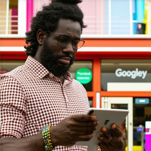 Updating GMB Profile for Local SEO Success Business owner optimizing Google My Business listing on a tablet in front of storefront.