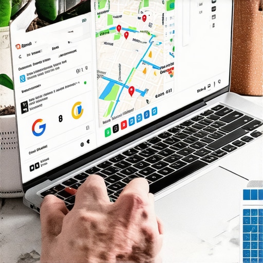 Person working on Google My Business profile with maps and analytics on screen.