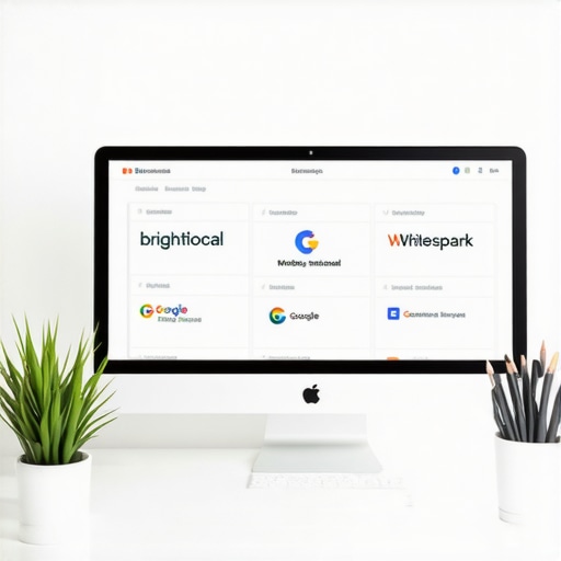 Screenshots of BrightLocal, Whitespark, and Google My Business dashboards illustrating SEO analytics and automation tools.