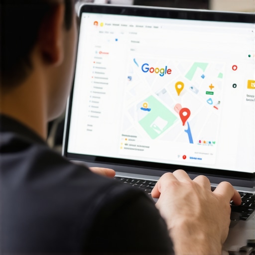Business owner updating Google My Business profile on a laptop showing local maps.