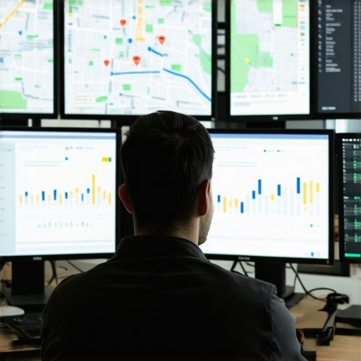Person reviewing map performance analytics on computer screens.