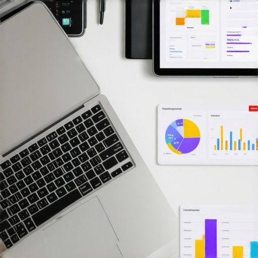 A person working on laptop with analytics charts and local SEO tools displayed.