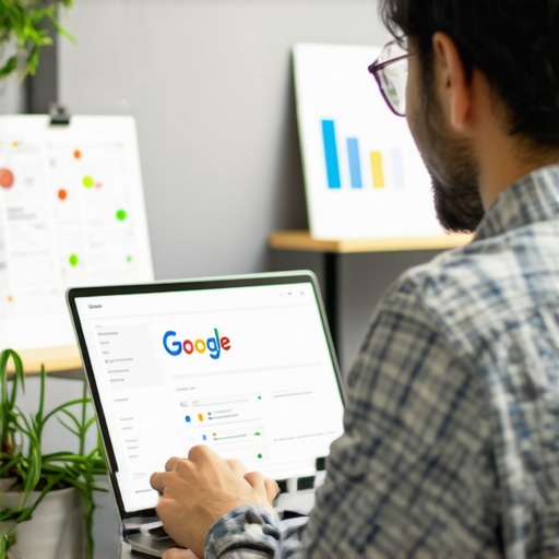 Business owner working on Google My Business profile with maps and analytics.