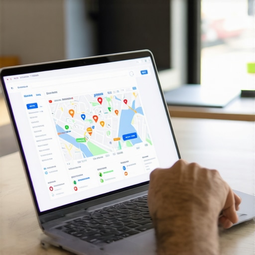 Business owner working on local SEO optimization using a laptop with maps and charts.