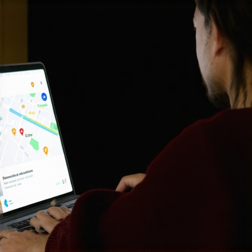 Business owner updating Google My Business profile on a laptop with local map visuals