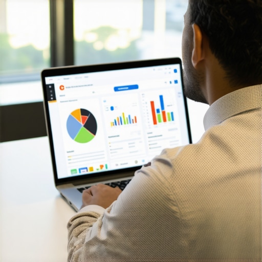 Business professional updating Google My Business profile on a laptop with analytical charts.