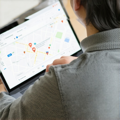 Business owner editing Google My Business profile on a laptop with local map open.