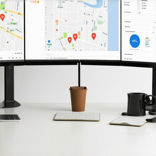Desk with monitors displaying map analytics and SEO tools for map pack maintenance.
