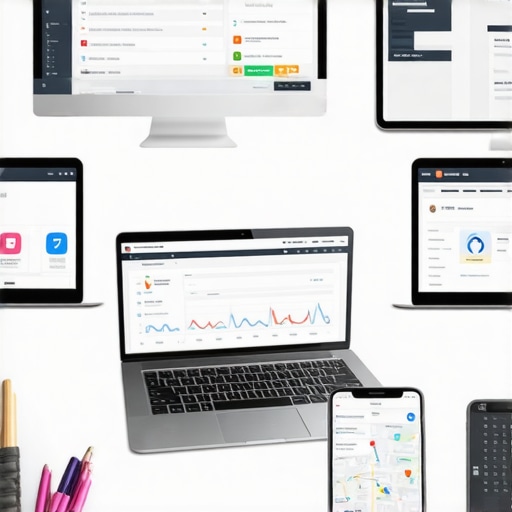 A workspace with multiple devices open to local SEO tools, charts, and maps showcasing analytical data and review management.