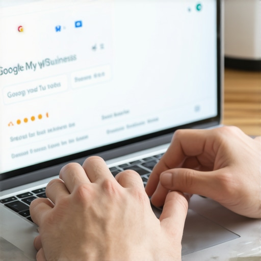 Person updating Google My Business profile on a laptop with local SEO elements