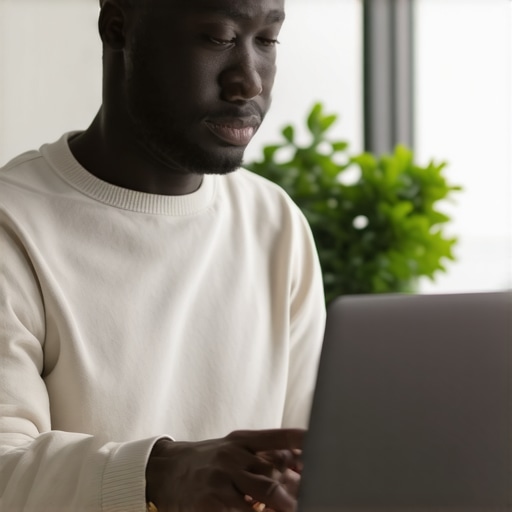 Business owner improving Google My Business listing on laptop in office.