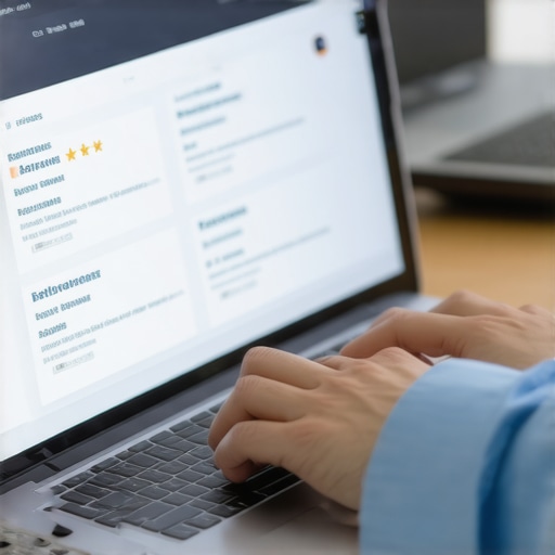 Business owner engaging with customer reviews on a laptop in office.