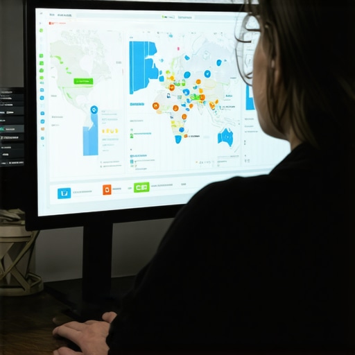 Person reviewing SEO analytics dashboard showing maps and charts
