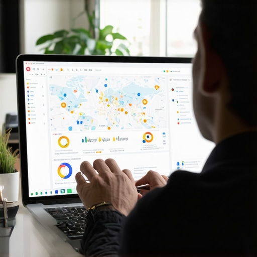 Person reviewing local SEO performance metrics on a laptop with maps and graphs.