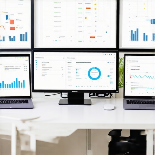 A workspace featuring screens displaying local SEO analytics dashboards.