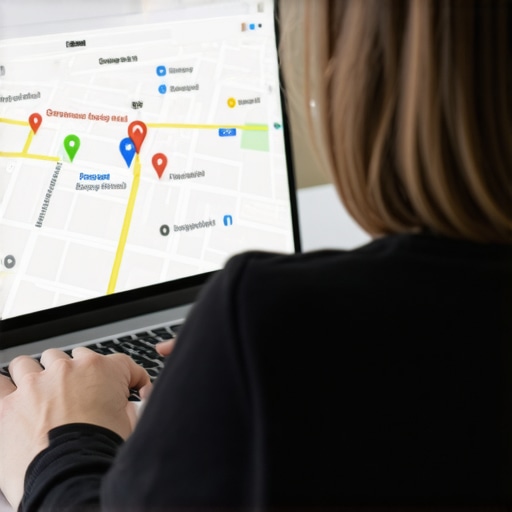 Person editing Google My Business profile on laptop with local maps visible