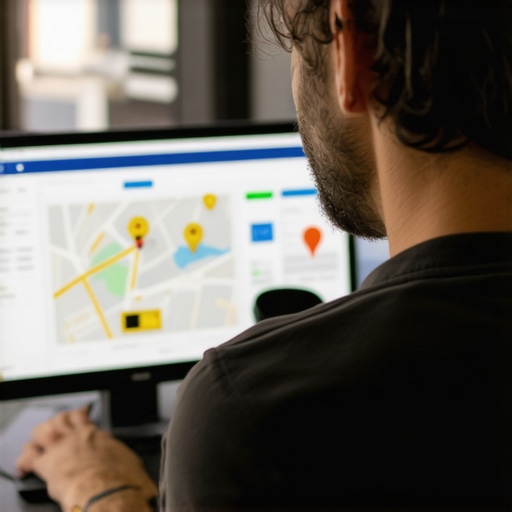 Business owner working on Google My Business profile with maps and review icons