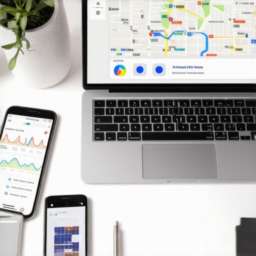 Workstation with maps analytics tools and digital devices for local SEO