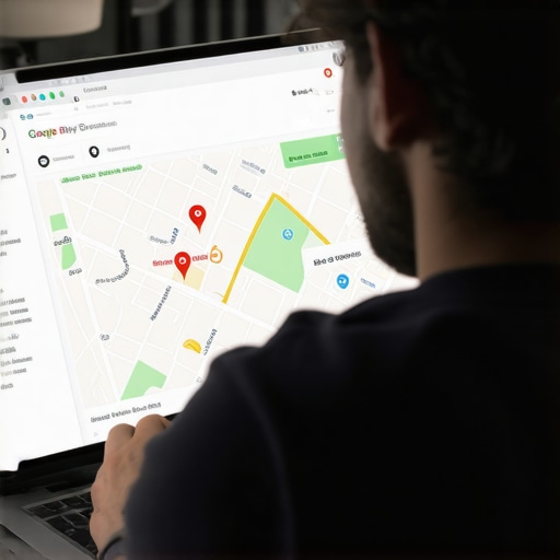 Person editing GMB profile on laptop with local map on screen.