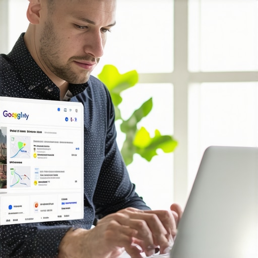 Person editing Google My Business profile on a computer with analytics charts