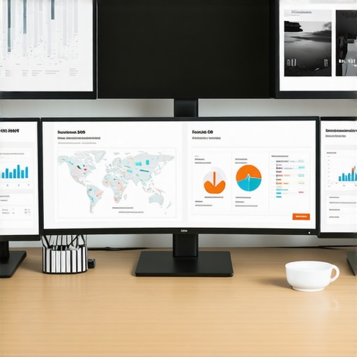 A desk with multiple monitors displaying maps, analytics, and SEO dashboards, symbolizing map pack maintenance